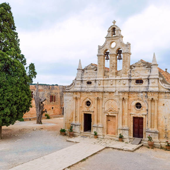 View of the Arkadi Monastery in Rethymno, Crete showcasing its historic  architecture